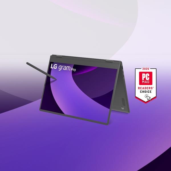 An LG gram Pro laptop appears on a purple background. “2025 PC Mag Readers’ Choice” badge.

