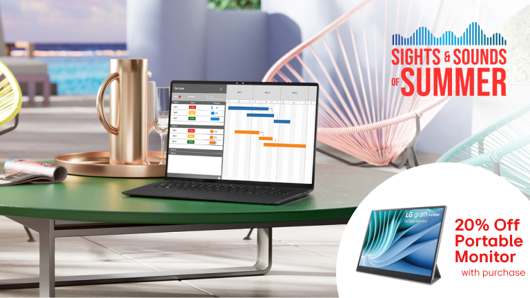 “Sights and Sounds of Summer“ title badge. LG gram Pro laptop sits on a table poolside. Pop-out reading “20% off with portable monitor”.