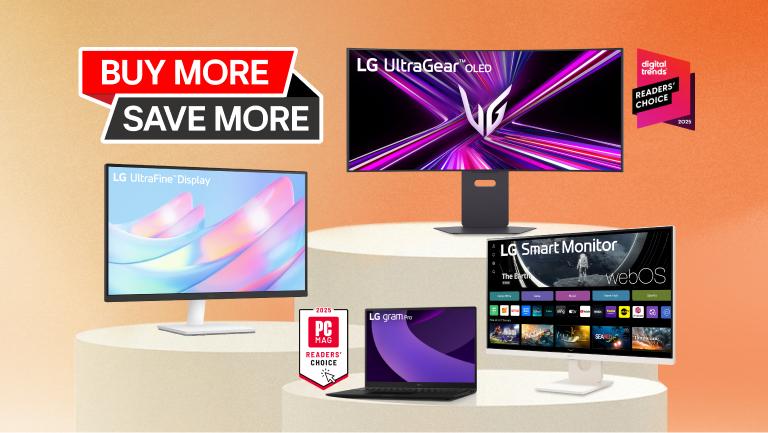 “Buy More Save More” title badge. A group of monitors appear side-by-side. “2025 PC MAG Readers’ Choice” and “Digital Trends Readers’ Choice 2025” badges.