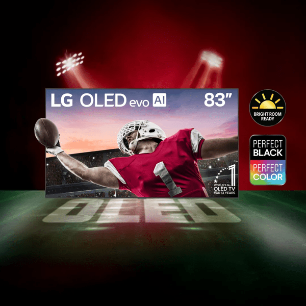 Alt Text
LG OLED TV on football field backdrop. Screen displays player catching football. “Bright Room Ready” badge. “Perfect Black, Perfect Color” badge. “OLED” text appears below.
