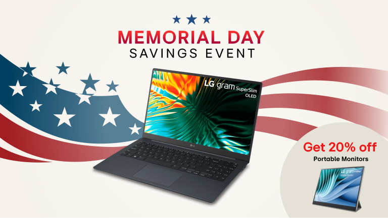 LG Gram SuperSlim OLED laptop showcased in a Memorial Day Savings Event promotion with American flag graphics, discount dates, and an offer for 20% off portable monitors.