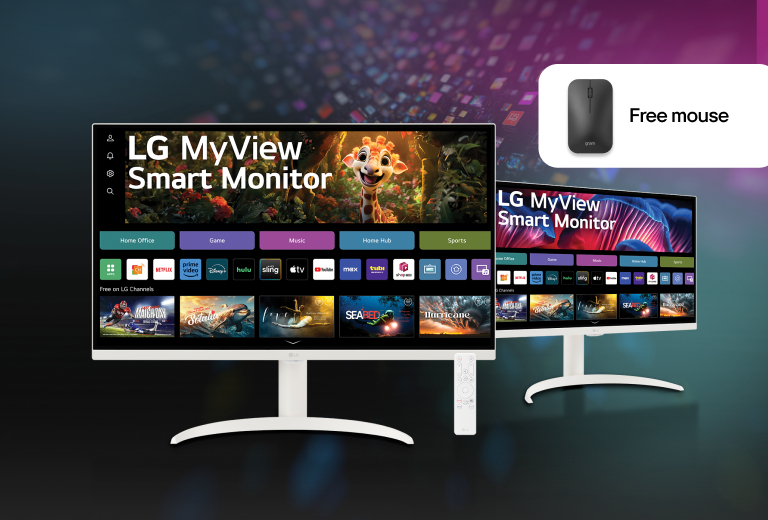 LG MyView Smart Monitor promotional image featuring two monitors displaying a smart interface with streaming apps and entertainment options, alongside a free LG Gram mouse offer in the top right corner.