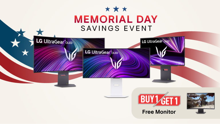 “Memorial Day Savings Event” title badge. A group of monitors on a stars and stripes background. pop-out of a qhd monitor and the text “FREE MONITOR”.