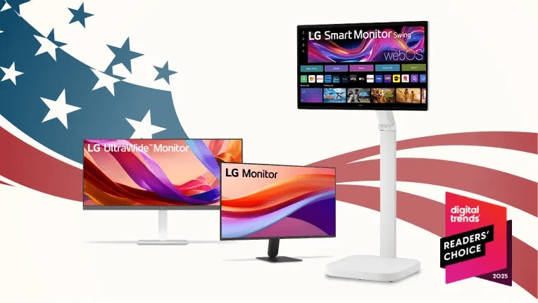 Presidents’ Day Savings Event banner with stars and flag backdrop, featuring three LG monitors: LG UltraWide, an LG Monitor, and LG Smart Monitor Swing. Next to it is a badge that says, “Digital Trends Readers’ Choice 2025.”