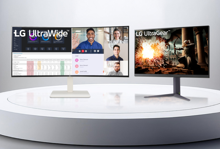 LG UltraWide and LG UltraGear monitors on a stand against a white background, showcasing a sleek and modern setup.