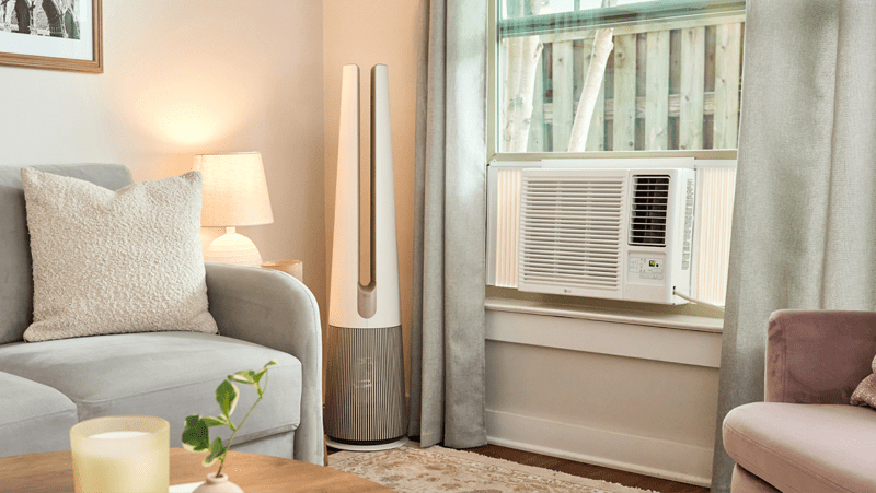 An LG air purifier and air conditioner appear in a living room setting.