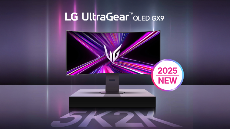 An UltraGear GX9 OLED Monitor on a chrome background. Text reading “5K2K”  appears below the display. “New 2025” badge.