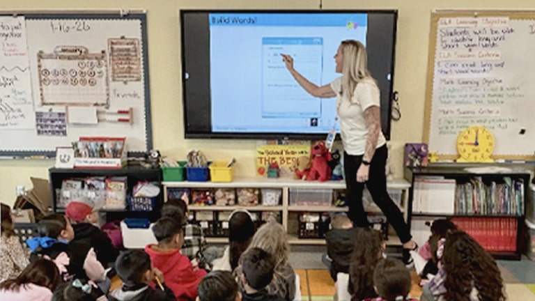 A teacher uses LG CreateBoard to give a lesson in Rose Salgado Elementary School