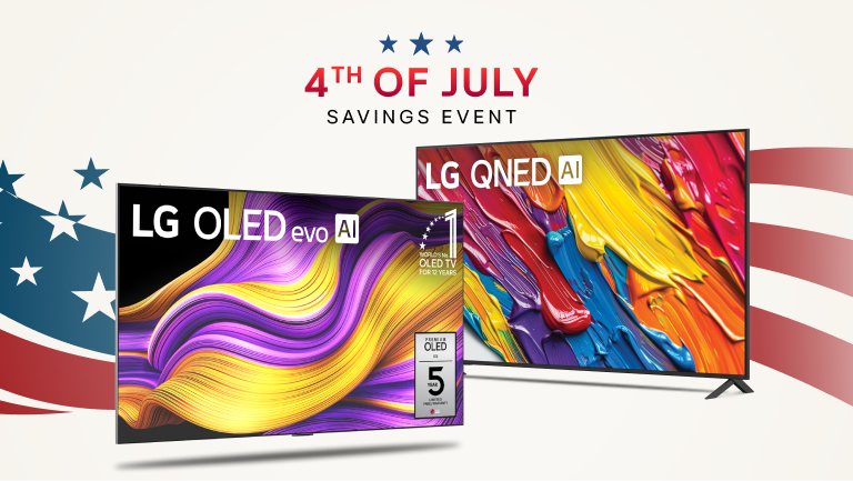 “4th of July Savings Event” title badge. A group of LG TVs on a stars and stripes background.