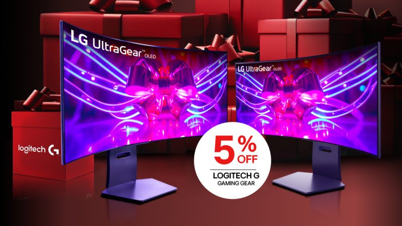 A badge reads 5% off Logitech G gaming gear”. 2 LG UltraGear OLED monitors appear side by side, with a gift box reading “Logitech” appearing beside them. Image appears in front of a graphic of a group of red gift boxes.