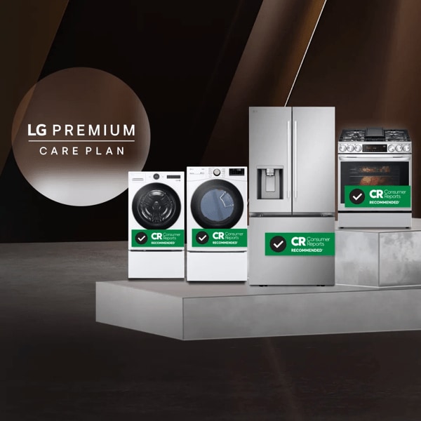 A group of LG home appliances appear on a pedestal with “Consumer Reports Recommended” banners draping across them. “LG Premium Care Plan” text. 
