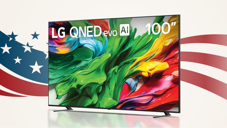 ”Labor Day Savings Event” title badge. An LG QNED TV on a stars and stripes background.