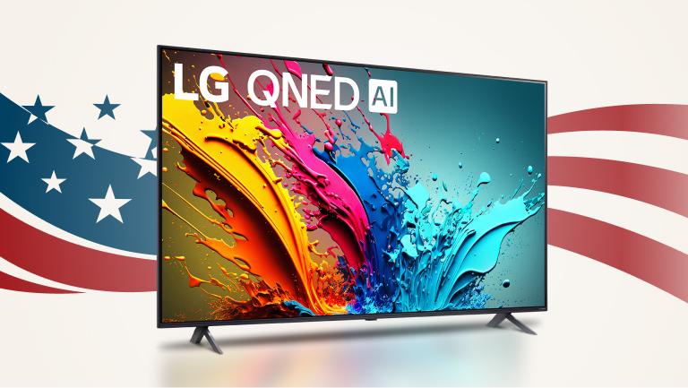 ”Labor Day Savings Event” title badge. An LG QNED TV on a stars and stripes background.