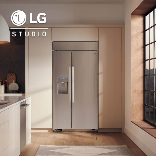 Frontal image of an LG Refrigerator in a kitchen
