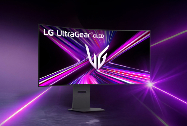 LG UltraGear OLED Monitor displayed in a futuristic and vibrant background.