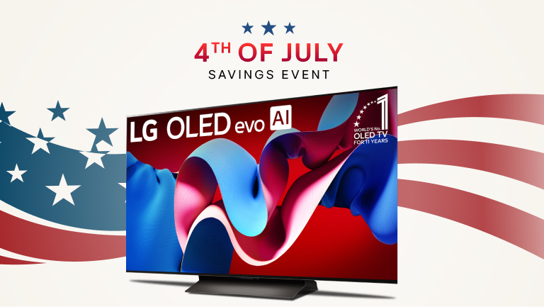 “4th of July Savings Event” title badge. An LG OLED on a stars and stripes graphic. TV infill reads “World’s No. 1 OLED TV for 12 Years”.
