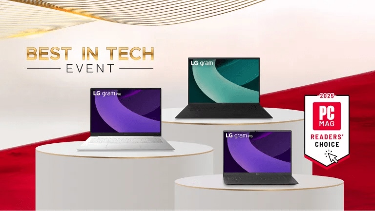 “Best In Tech Event” title badge. A group of laptops appear on a red carpet. “2025 PC MAG Readers’ Choice” badges.
