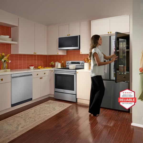 Various LG appliances appear in a bright kitchen setting. A group of appliances appear in a group beside the image. “America’s Most Reliable Line of Home Appliances” badge. 
