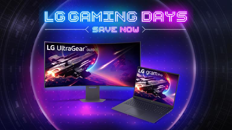 ”LG GAMING DAYS” title badge. An UltraGear OLED Monitor and gram laptop appear on a purple background.