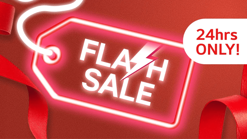 “Flash Sale” neon price tag illustration on purple background. “24hrs Only” pop-out. 