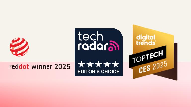 “Tech Radar Editors’ Choice”, “Digital Trends Top Tech CES 2025” and “Red Dot Winner 2025” badges. 