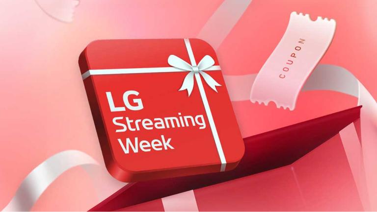“LG Streaming Week” title appears on a gift box illustration on a red and pink background. A piece of ribbon reading “coupon” floats nearby. 