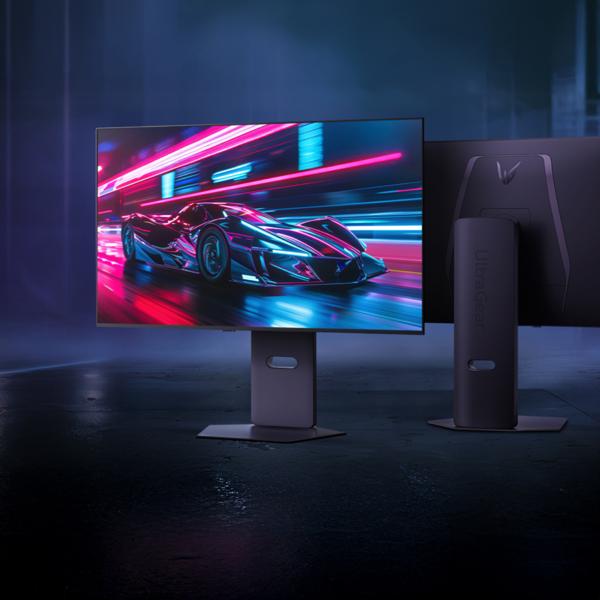 The LG 32 Inch UltraGear™ OLED Monitor with a video game on the screen and the back view of the monitor appears behind it.