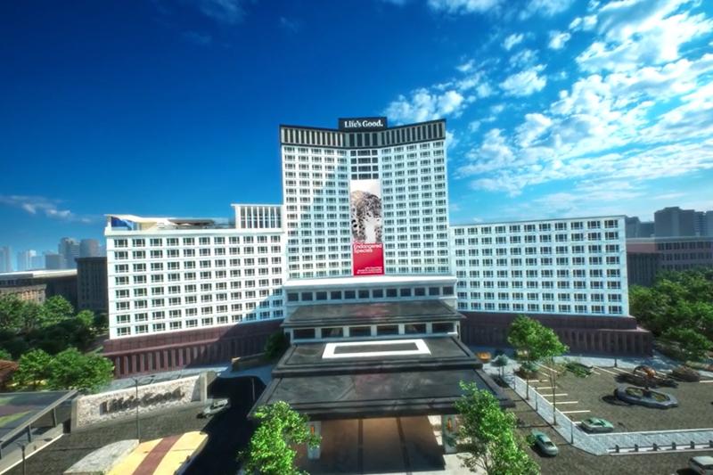 Introducing LG Hospitality Video looking at large hotel with LG led signage and Life's Good on the roof