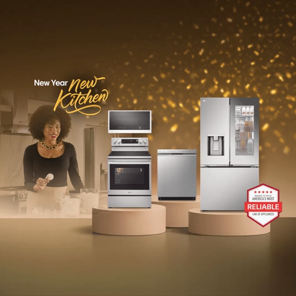 “New Year, New Kitchen” tag. Group shot of various LG home appliances on festive gold background. Beside, image of woman scooping Craft Ice. “America’s Most Reliable Line of Home Appliances”.