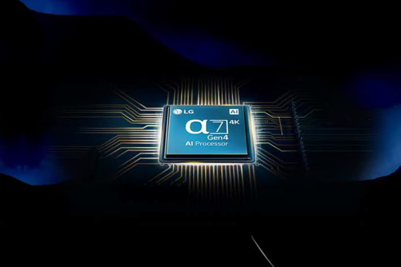 A glowing computer chip labeled "α7 Gen4 AI Processor" on a dark background with circuit patterns.