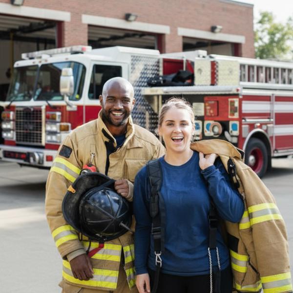 Two firefighters smile in front of a fire truck.