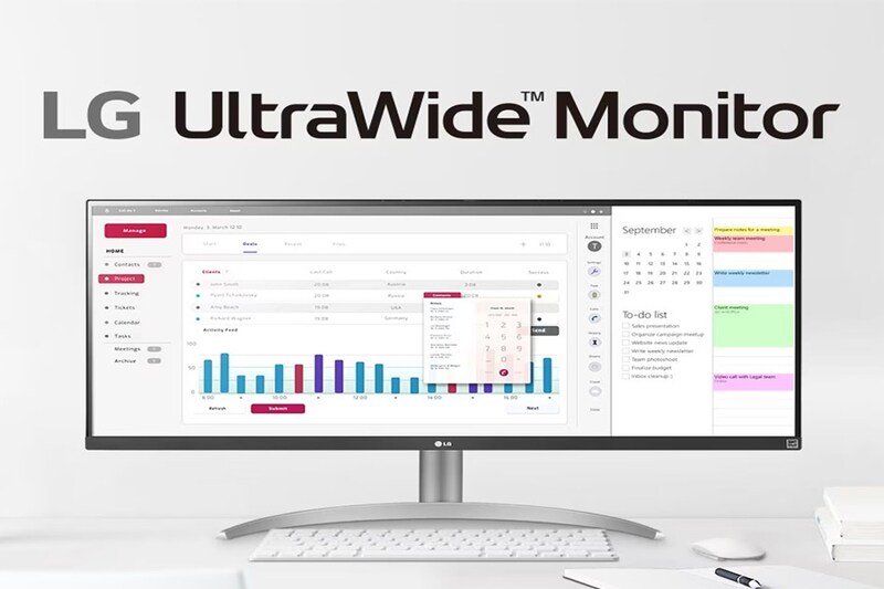 LG UltraWide monitor displaying a productivity app with a sidebar, spreadsheet, bar chart, calendar, and to-do list.