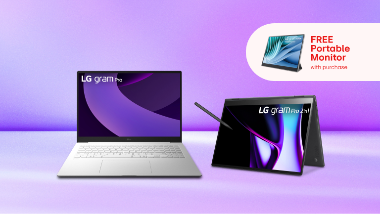 An LG gram Pro and LG gram Pro 2 in 1 laptop. Text reading “Free portable monitor” appears above.