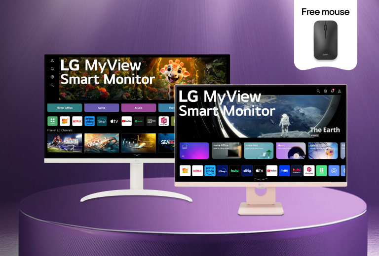 Two different size and stand LG MyView Smart Monitors displayed with Free Mouse in futuristic purple background.