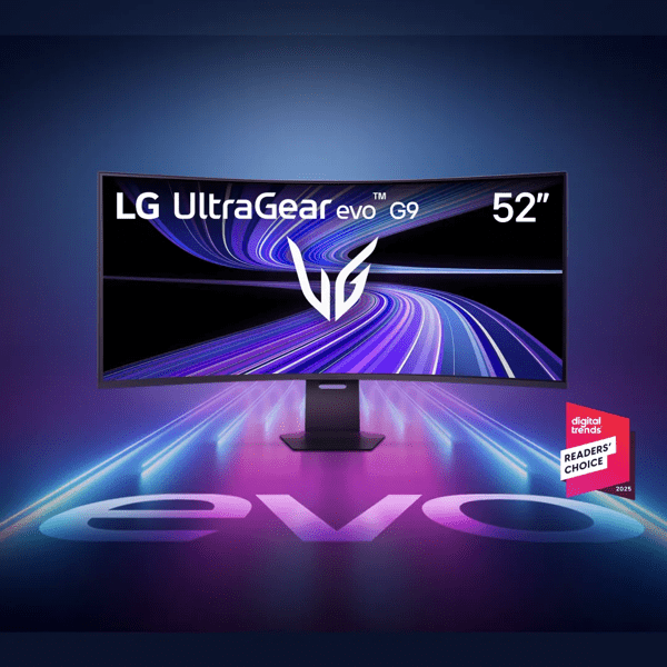 UltraGear evo G9 monitor on futuristic background. “Digital Trends Readers’ Choice 2025” badge.