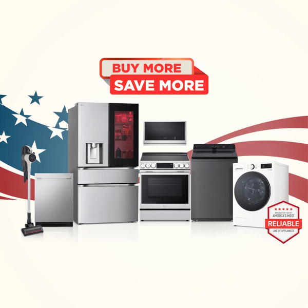 “Buy More, Save More” badge above group of home appliances on stars and stripes background. “America’s Most Reliable Line of Home Appliances” badge below.