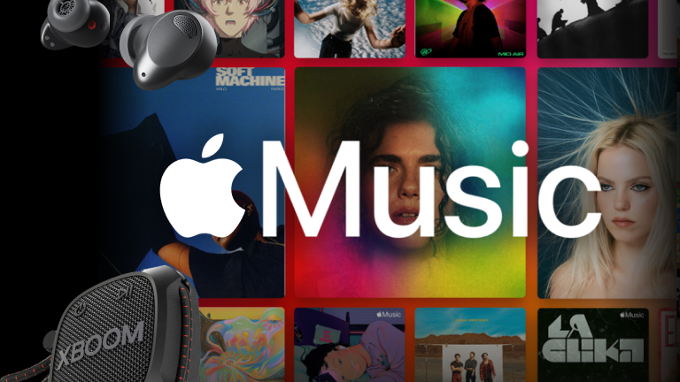 Apple Music Logo with XBoom and ear buds display. 