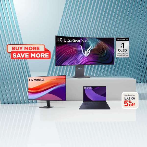 “Buy More, Save More” badge. Various LG Laptops and Monitors appear on a blue and white background. “LG UltraGear OLED: \#1 OLED Gaming Monitor Brand in the USA” badge. “Buy 2 get an extra 5% off” pop-out text.