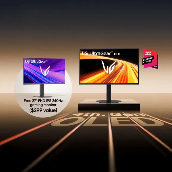 LG UltraGear OLED monitor sits on a stand, alongside a “Digital Trends Reader’s Choice 2025” badge. “4th Gen OLED” text below. Pop-out image of GX7 monitor and text “Free 27” FHD IPS 240Hz gaming monitor ($299 value)”.