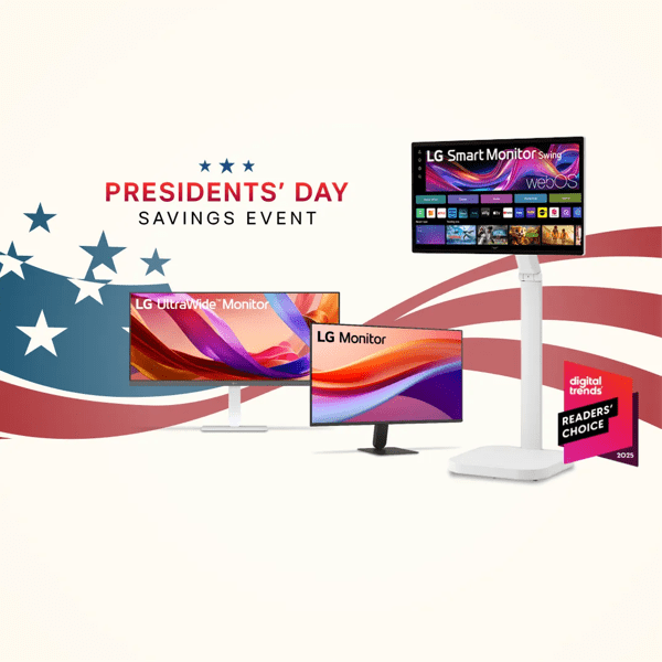 Presidents’ Day Savings Event banner with stars and flag backdrop, featuring three LG monitors: LG UltraWide, an LG Monitor, and LG Smart Monitor Swing. Next to it is a badge that says, “Digital Trends Readers’ Choice 2025.”
