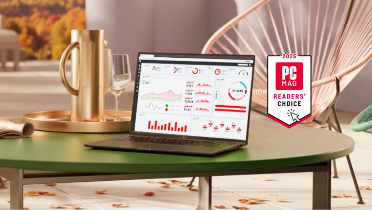 An LG laptop on a table in an outdoor seting. “2025 PC Mag Readers’ Choice” badge.