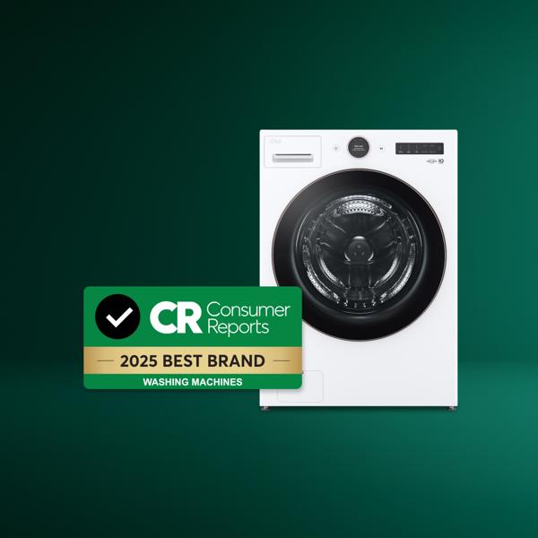 An LG front load washing machine on a green gradient background with a badge that says “Consumer Reports 2025 Best Brand Washing Machines.”
