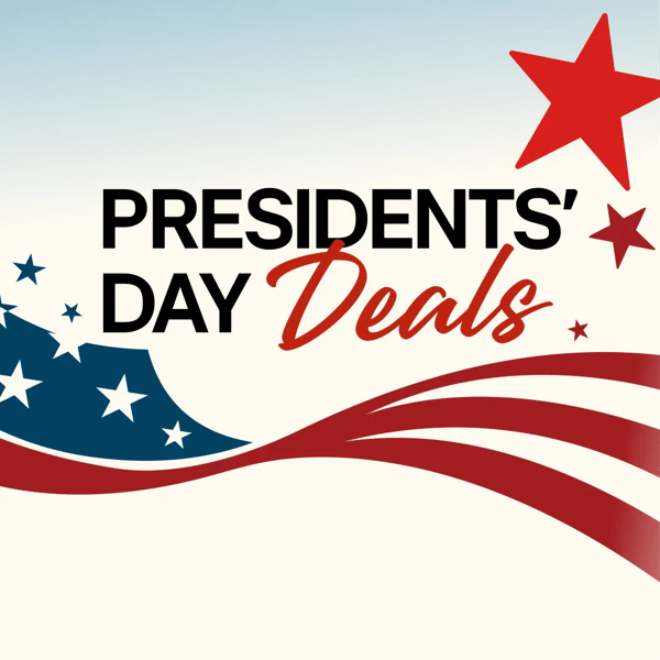 “Presidents’ Day Deals” title badge on a stars and stripes background.
