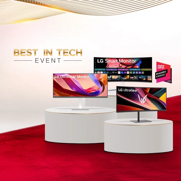 “Best in Tech Event” title badge. A group of various LG monitors on a red carpet. “Digital Trends Readers’ Choice 2025” badge.