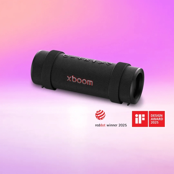 xboom grab on a purple background. “Red Dot winner 2025” and IF Design Award 2025” badges. 