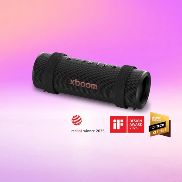 xboom grab on a purple background. “Red Dot winner 2025”, IF Design Award 2025” and Digital Trends Top Tech CES 2025” badges. 