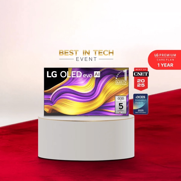 An LG OLED TV displayed on a white pedestal, showing a vivid abstract swirl of purple, gold and yellow colors, set against a red gradient background with award-style badges, including “Best of CNET 2025” and “CES Innovation Awards 2025,” arranged along the side in a polished, premium promotional layout.