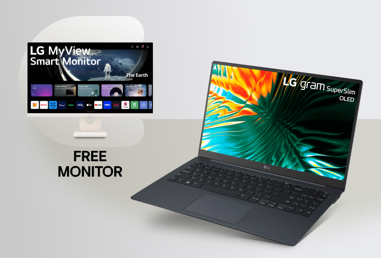 A promotional image showcasing an LG MyView Smart Monitor and an LG gram SuperSlim OLED laptop. On the left, the Smart Monitor displays various apps and content, with text reading 'FREE MONITOR' below. On the right, the slim laptop is open, displaying a vibrant screen with 'LG gram SuperSlim OLED' text in the corner. The background is light and minimalist.