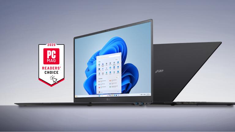 2 LG gram laptops on a chrome background. “2025 PC Mag Readers’ Choice” badge. 