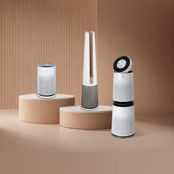 Various LG Air Care products appear on a beige background.